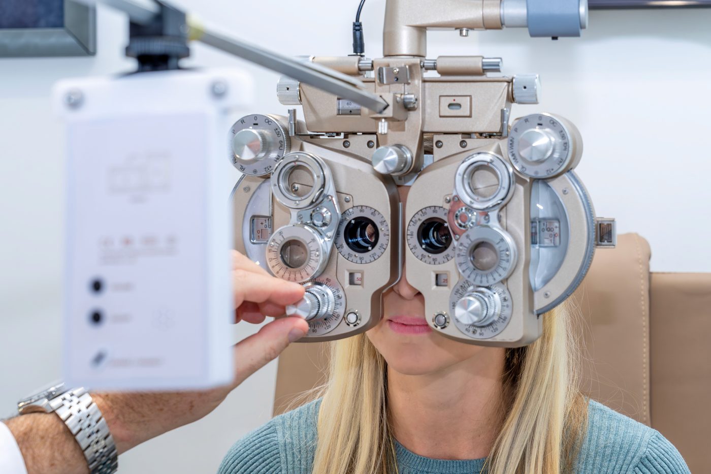 Patient at Premier Eye Center during an eye exam